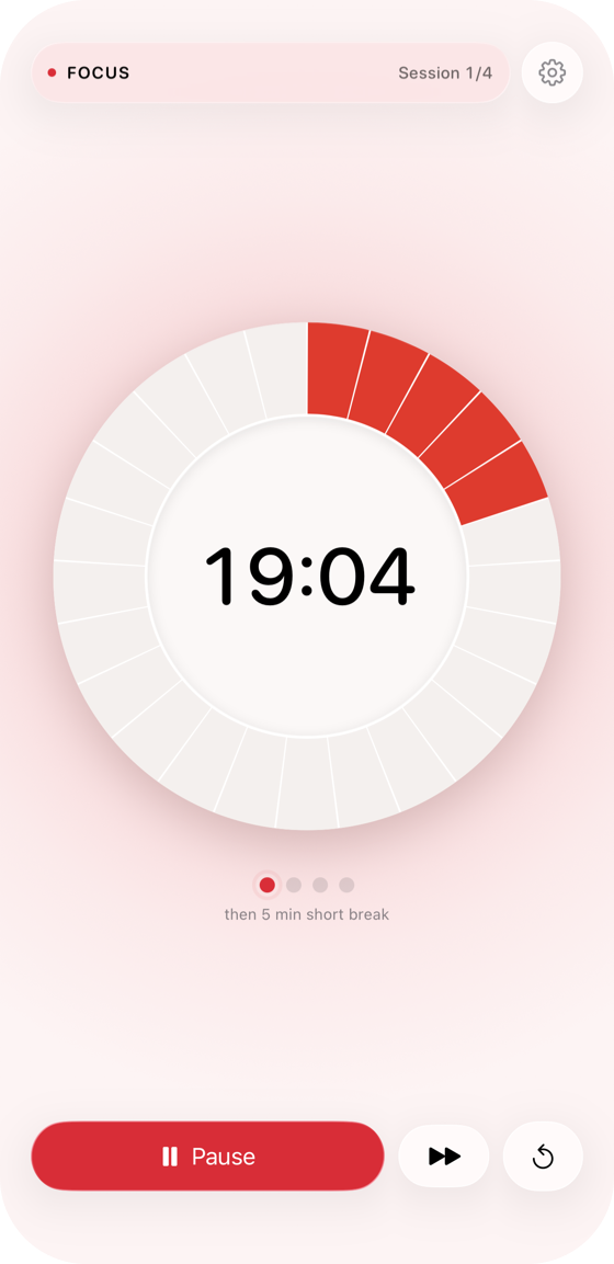 The Tomatino Pomodoro timer on an iPhone: the Time Timer dial fills the screen, a focus session counting down, with the cycle and the controls below it