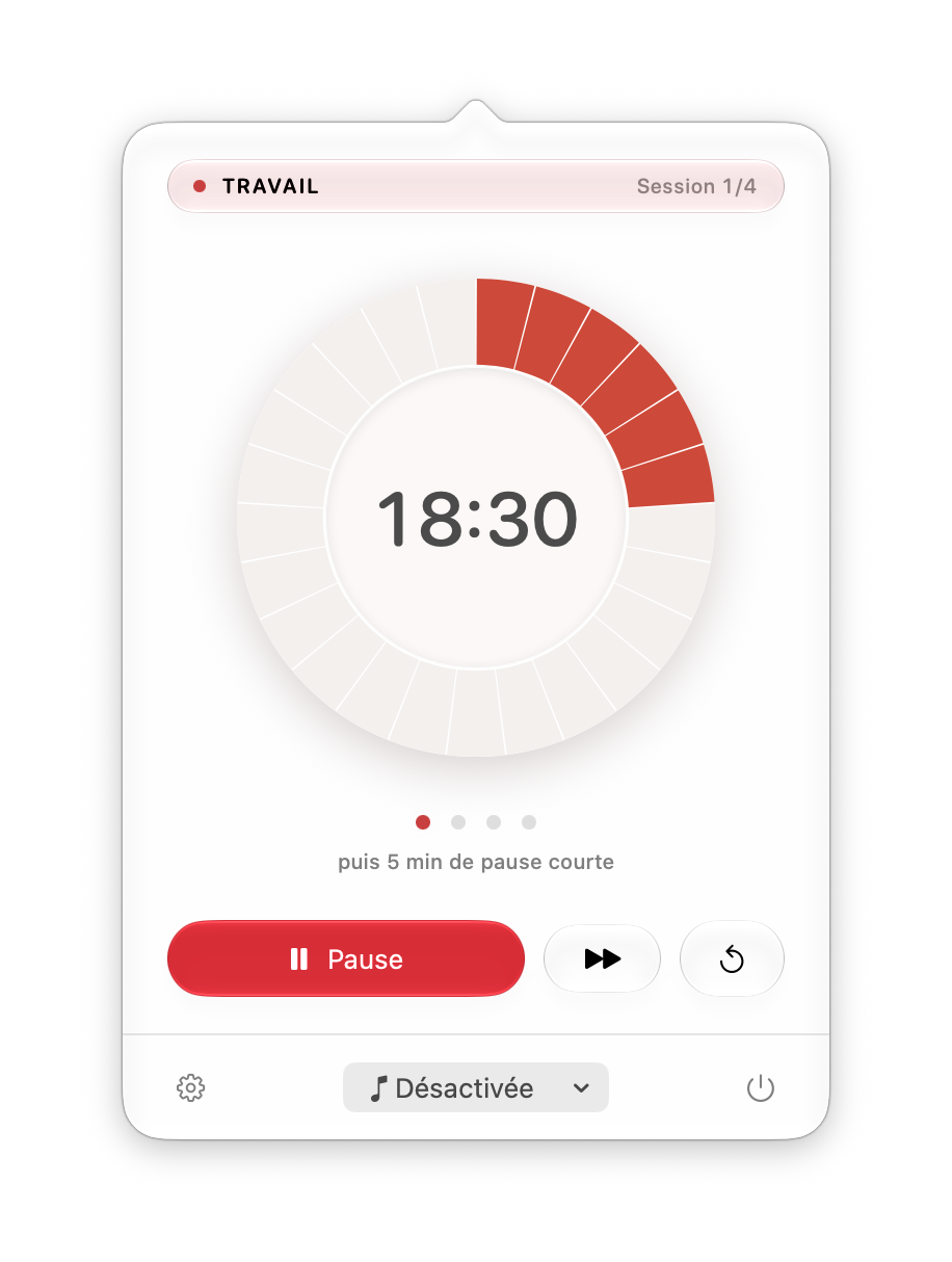 Le minuteur Pomodoro Tomatino dans la barre des menus de macOS : un cadran façon Time Timer décompte une session, avec le cycle et les commandes en dessous