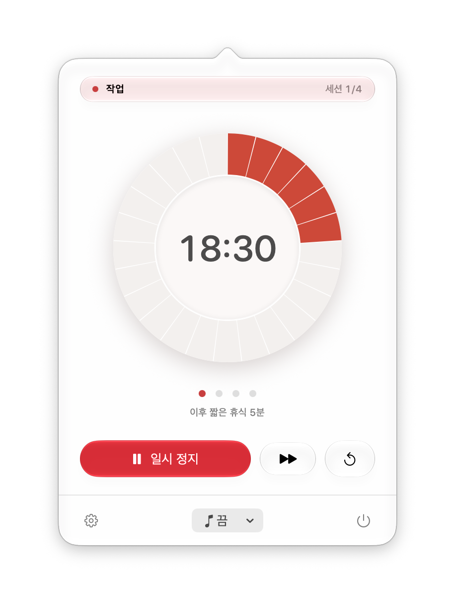 macOS 메뉴 막대의 뽀모도로 타이머 Tomatino: Time Timer 스타일의 다이얼이 세션을 카운트다운하고, 그 아래에 사이클과 컨트롤이 있음